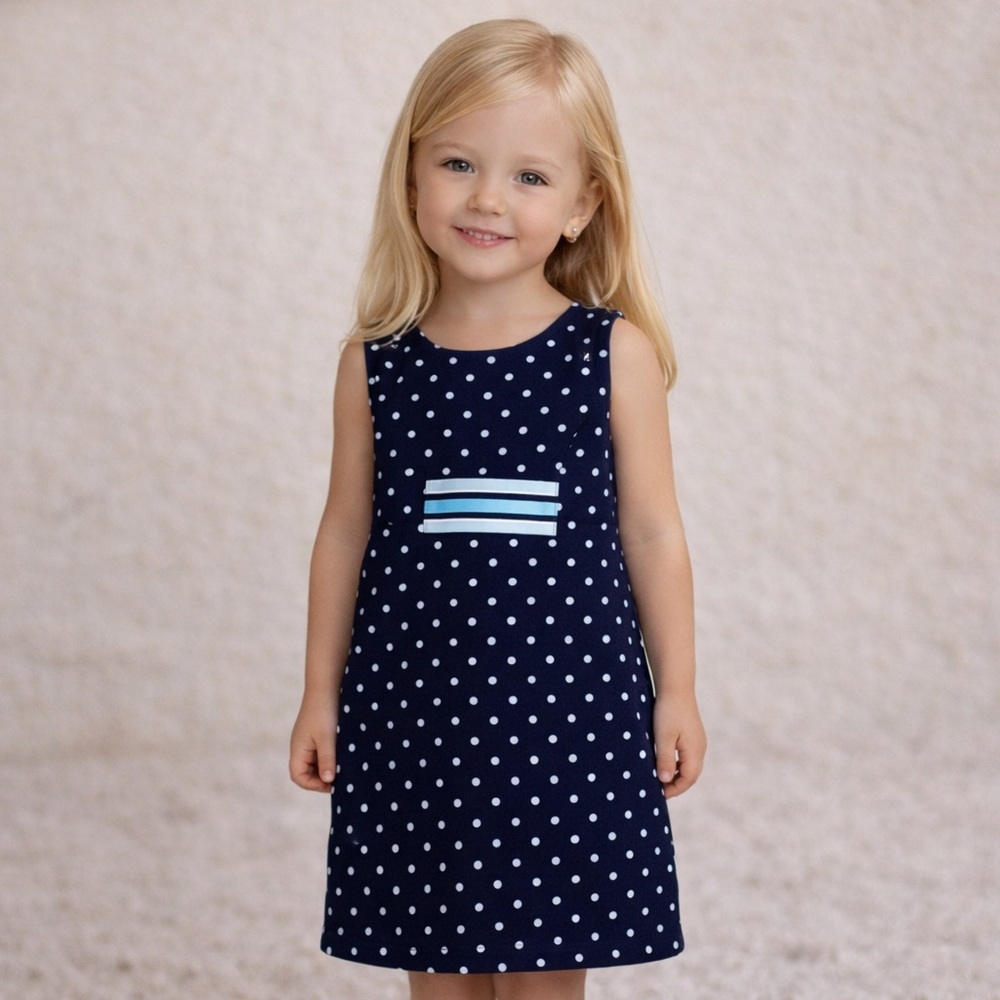 Chez Belle Patsy Aiken Cotton Navy Polka‎ Dot Stripe Ribbon Accent Sheath Dress
